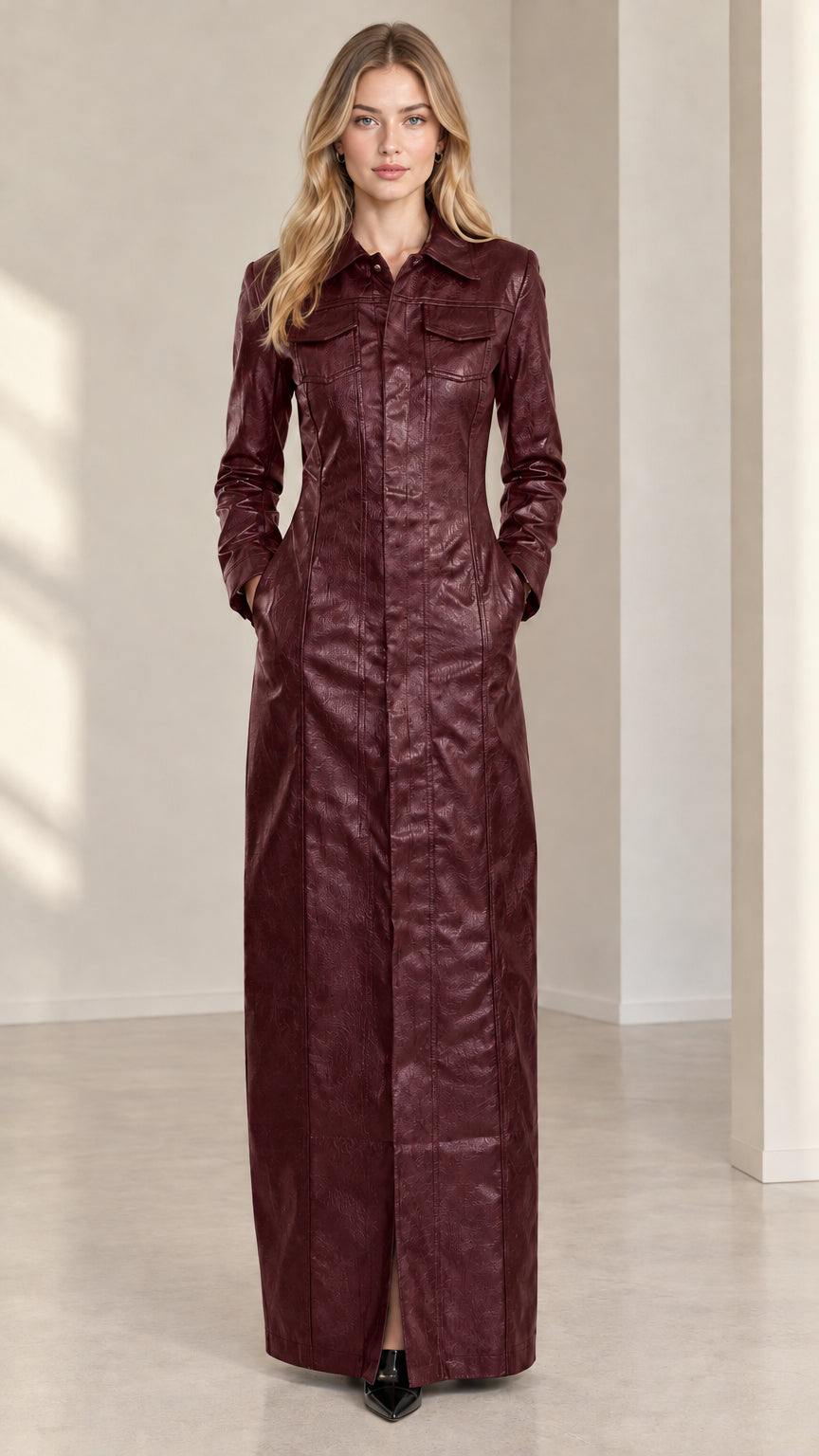Front view of model wearing burgundy wine red faux leather maxi shirt dress