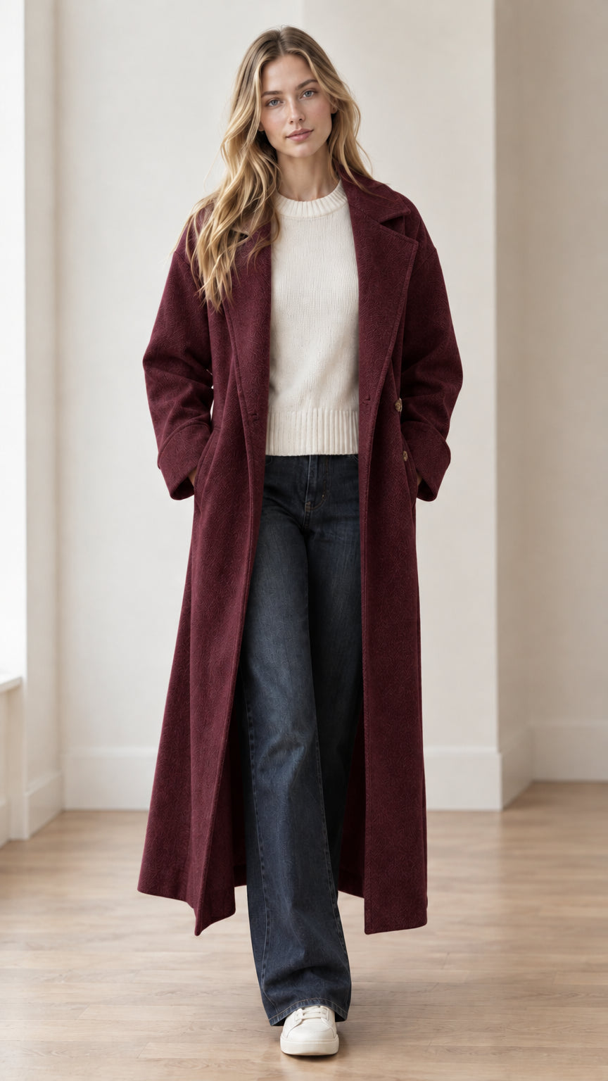 Full-length view of model wearing rich burgundy wine red longline belted coat