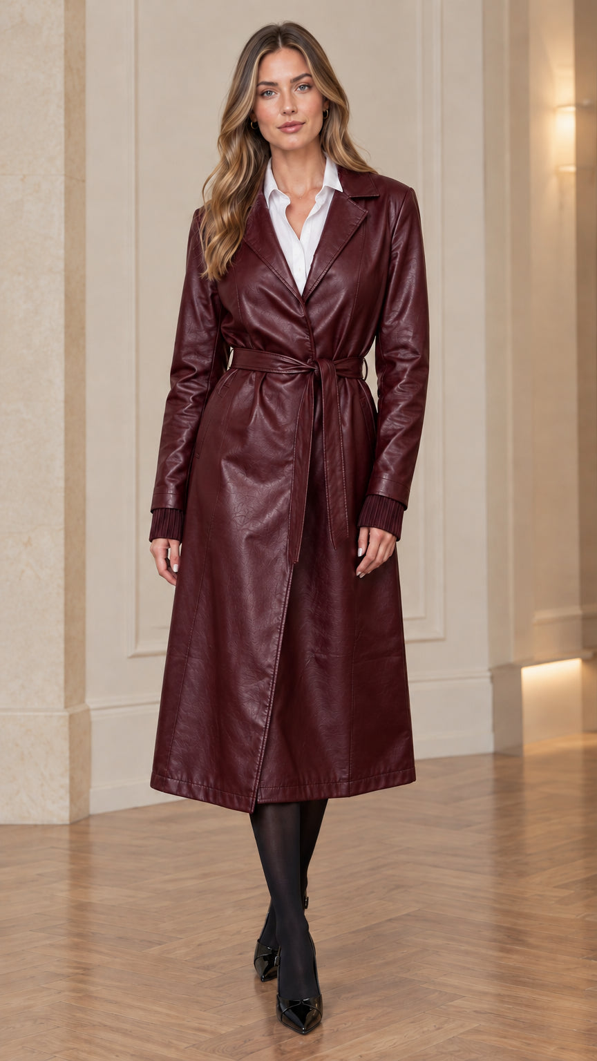 Full-length front view of deep burgundy wine belted faux leather trench coat
