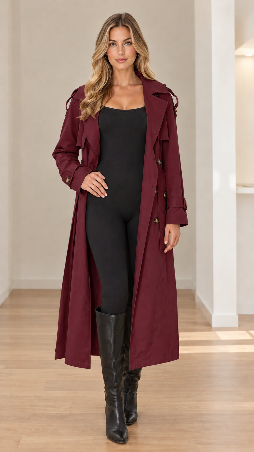 Front full-length view of woman wearing burgundy wine red double-breasted long trench coat