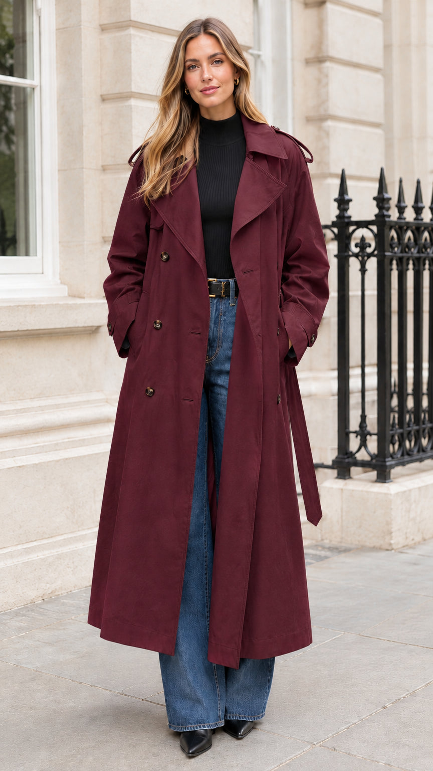 Full-length view of a woman wearing a burgundy belted maxi trench coat