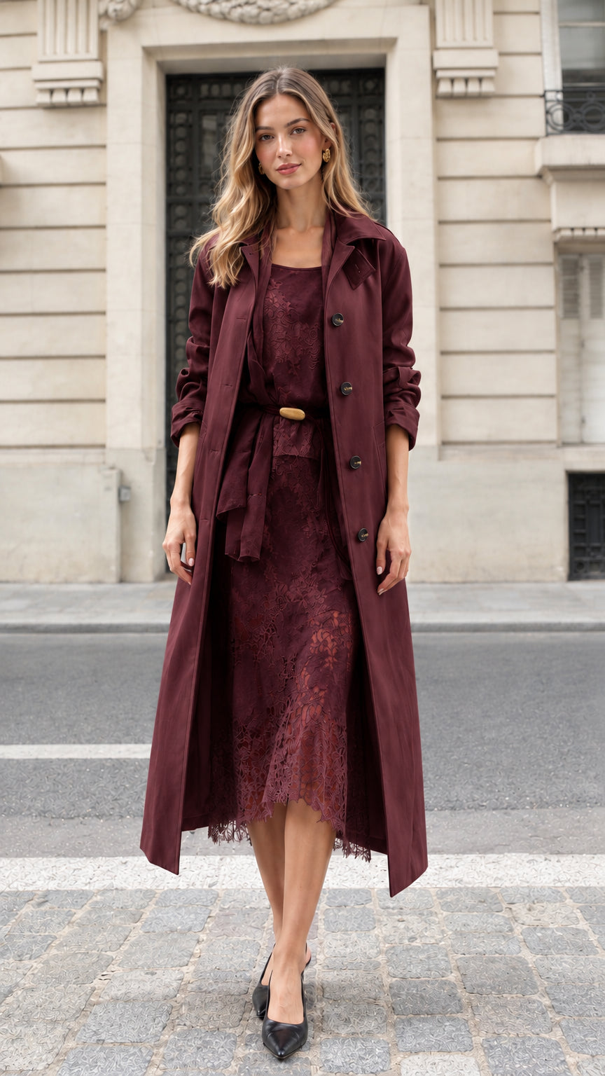 Model wearing rich burgundy trench coat and lace dress set