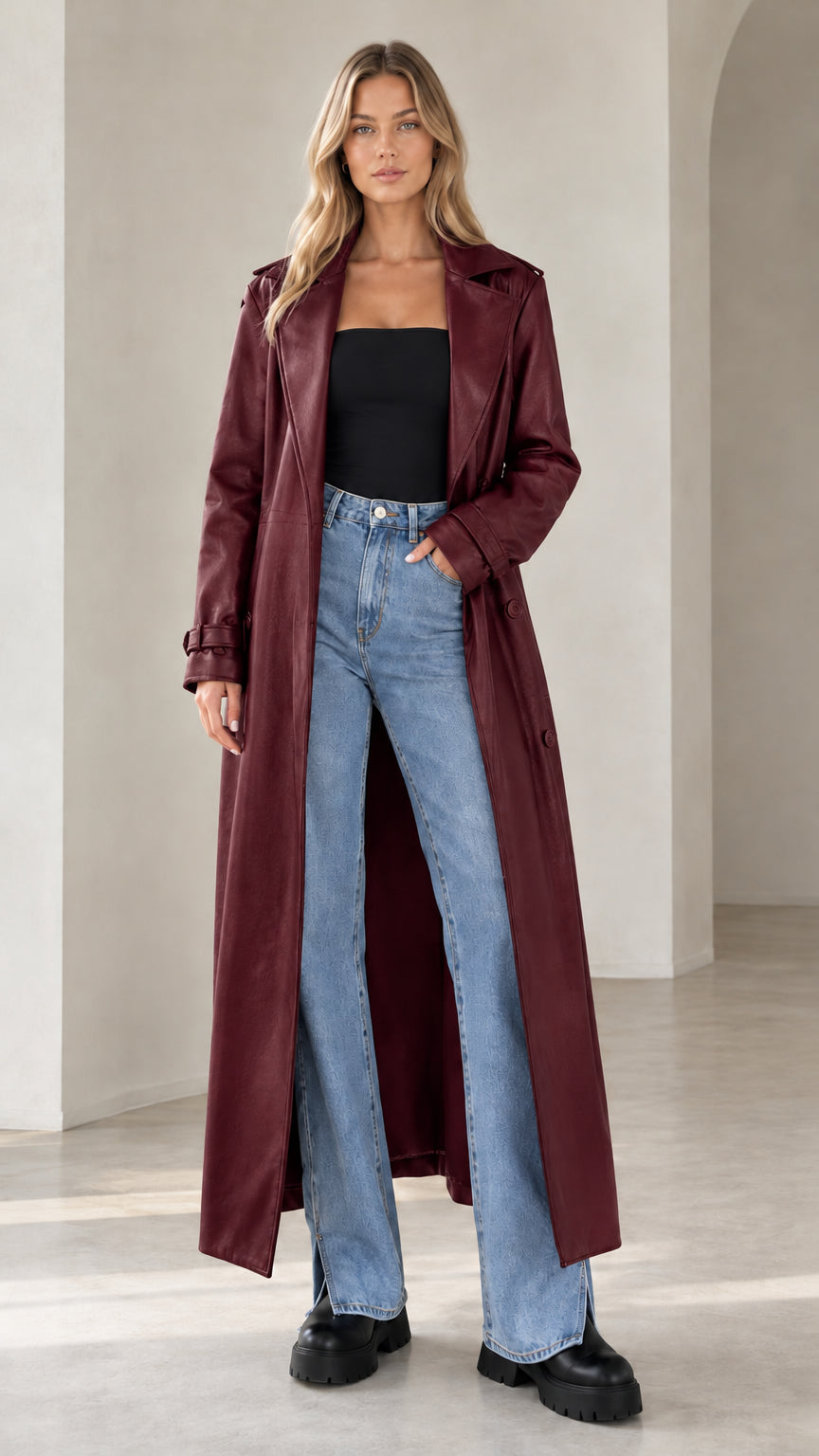 Front view of model wearing burgundy wine red faux leather maxi trench coat