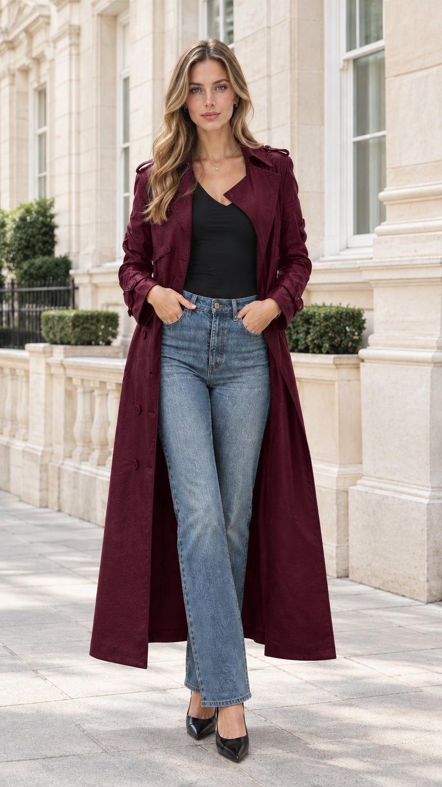 Front view of model wearing a burgundy wine red longline belted trench coat