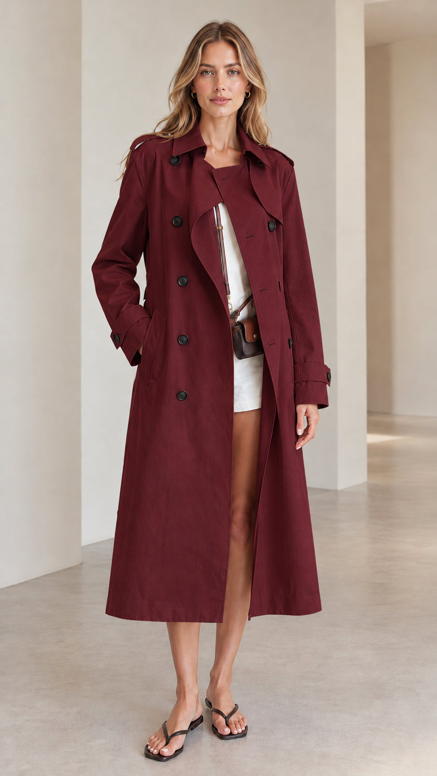 Front view of woman wearing burgundy double-breasted long trench coat