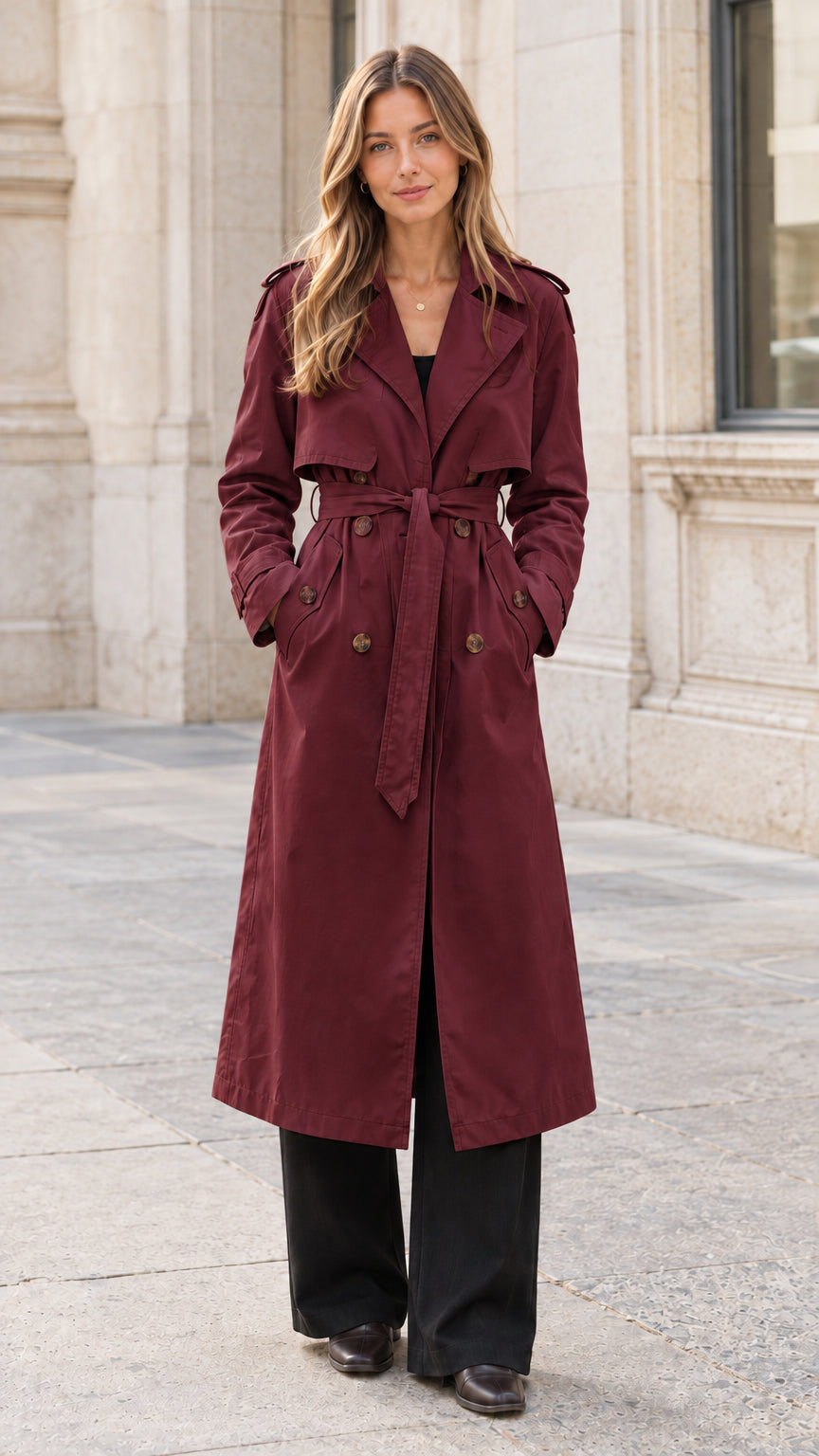 Front view of a woman wearing a burgundy red double-breasted long belted trench coat