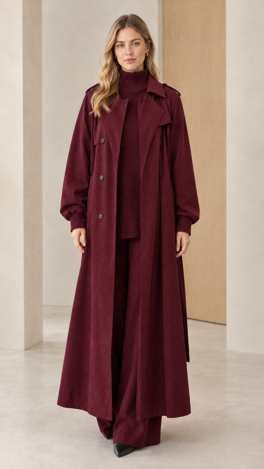 Full-length front view of woman wearing burgundy wine maxi trench coat