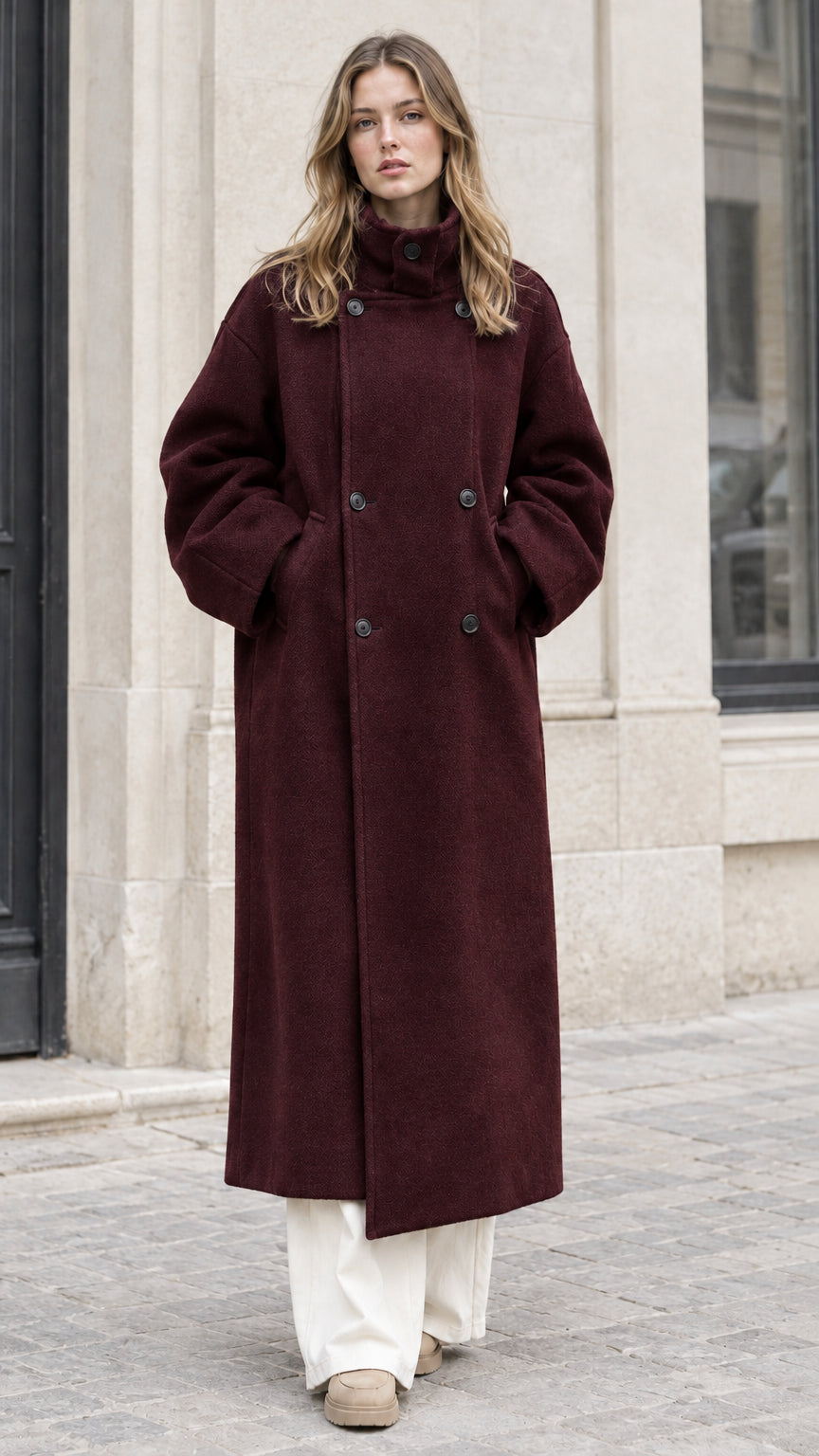 Front full view of woman wearing Burgundy double-breasted high neck maxi overcoat