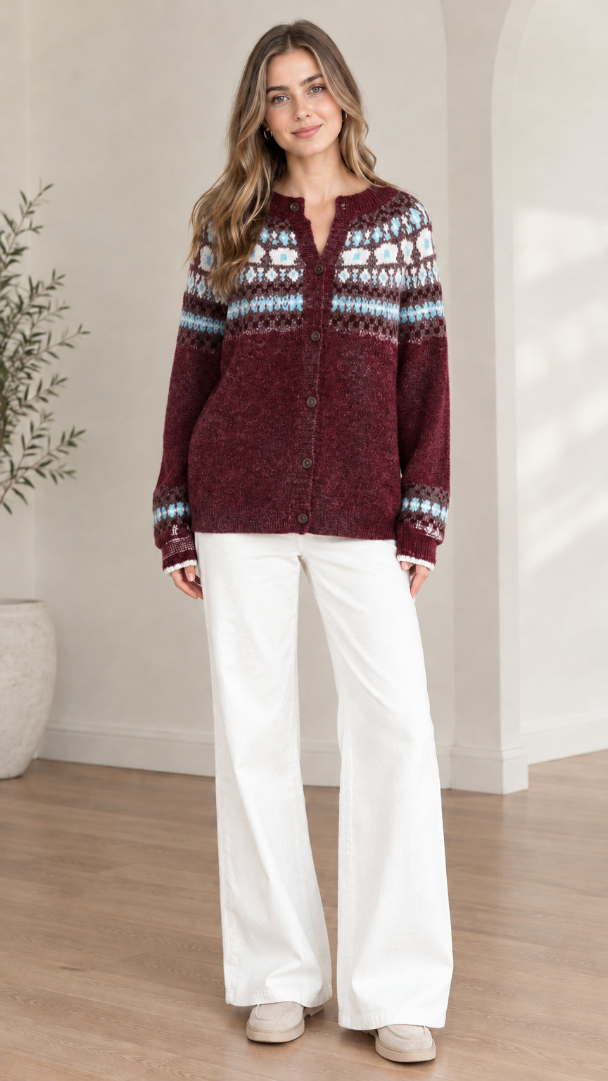 Front view of model wearing a burgundy wine Fair Isle button-down knit cardigan sweater