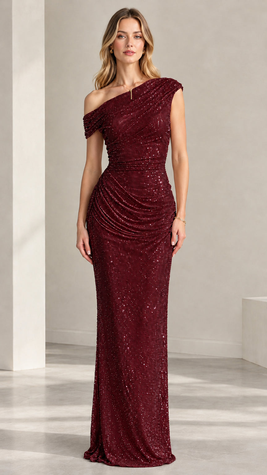 Full-length front view of burgundy wine one-shoulder ruched sequin formal gown