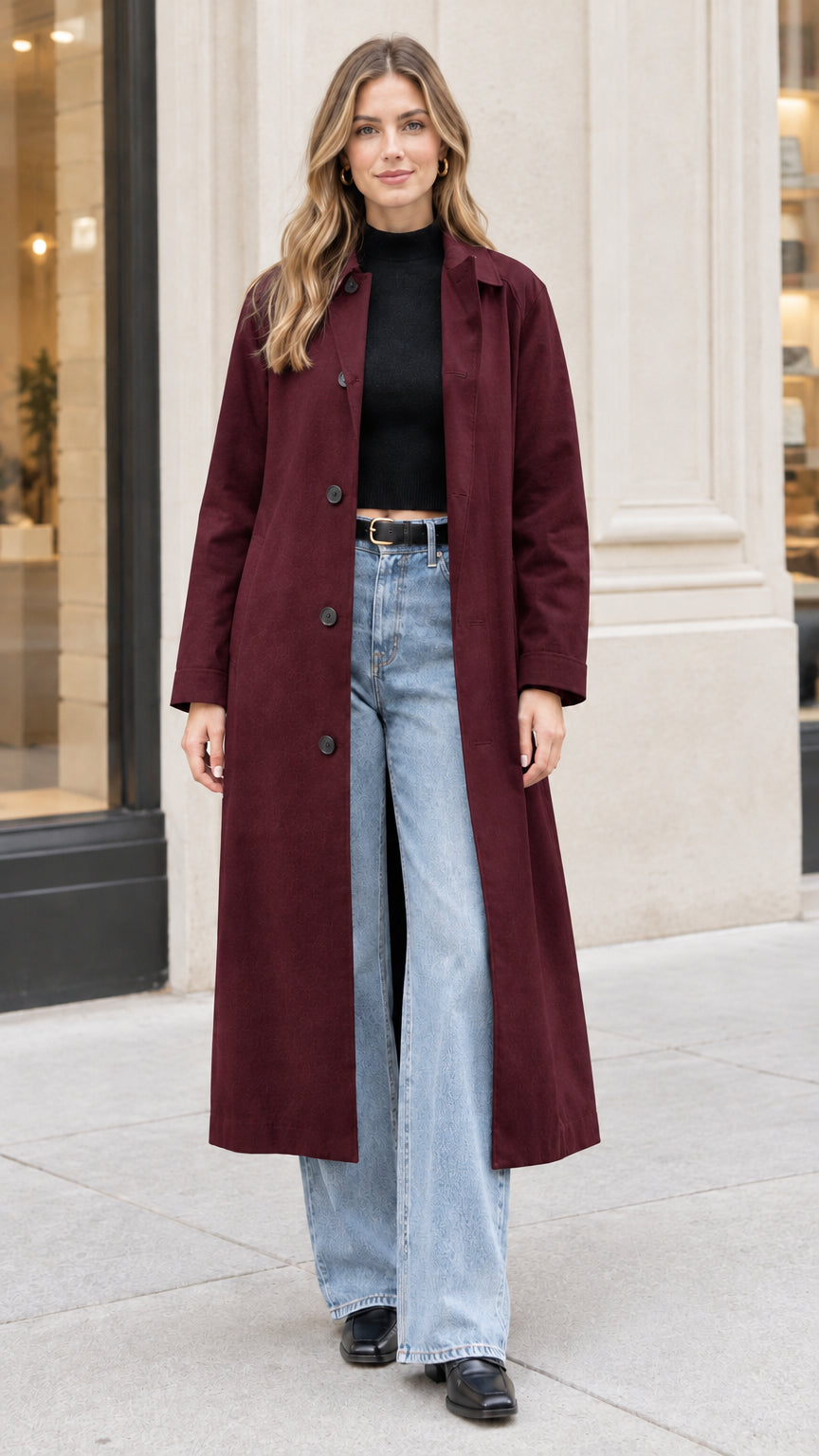 Front view of woman wearing Burgundy long single-breasted coat