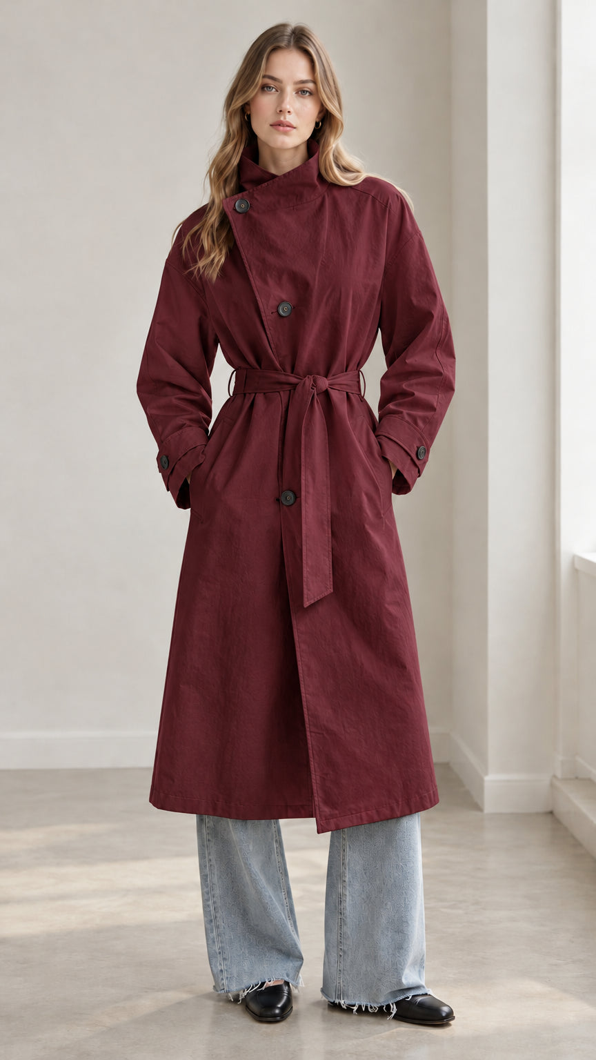 Front view of woman wearing burgundy wine red high-neck belted trench coat