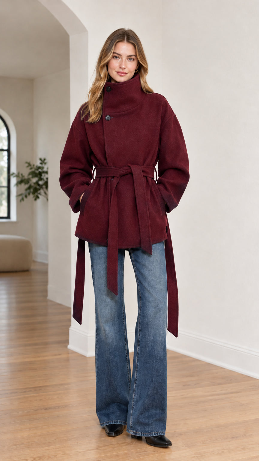 Front view of model wearing burgundy wine high-neck belted wrap coat