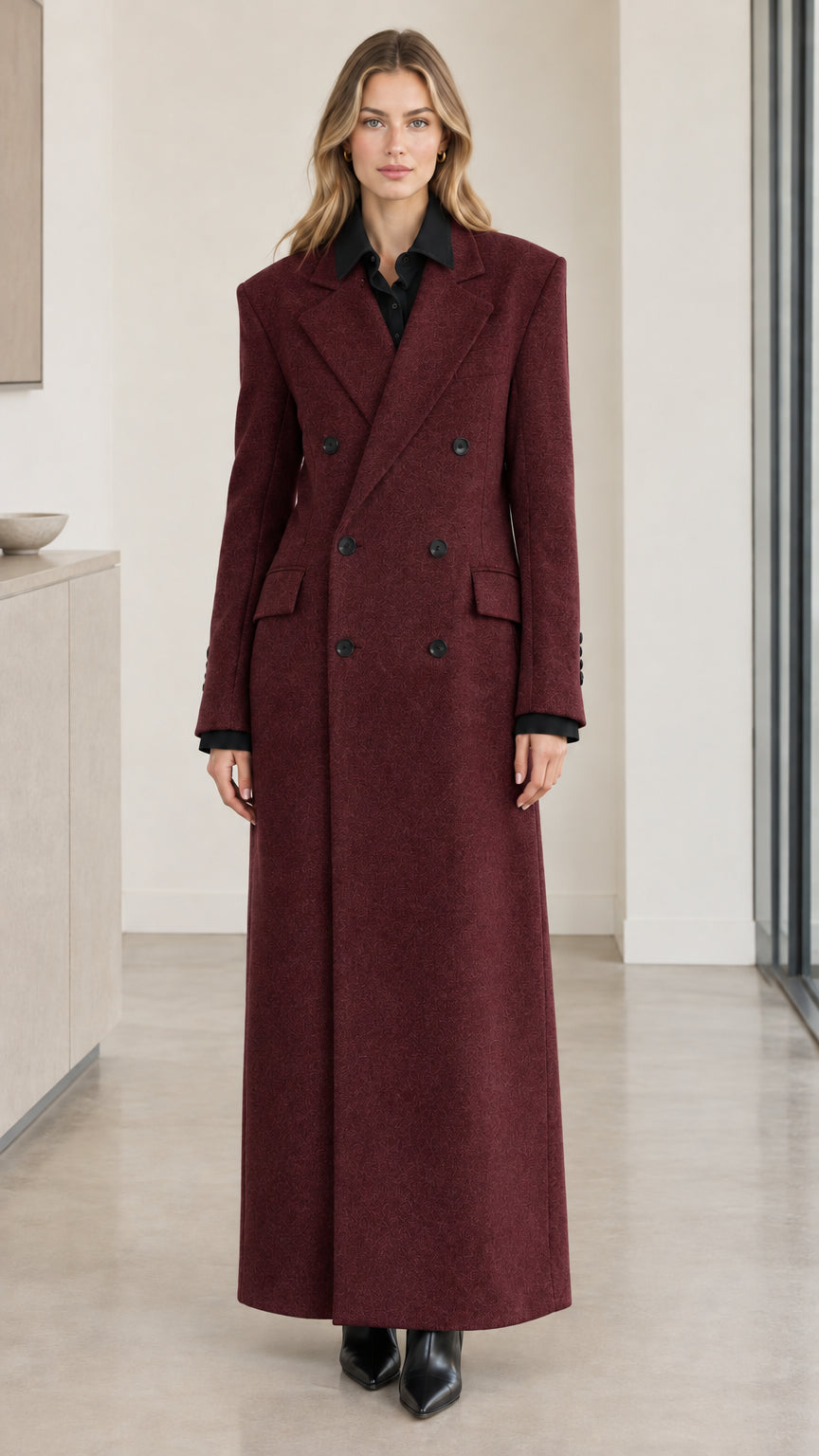 Front full-length view of woman wearing burgundy wine red double-breasted maxi overcoat
