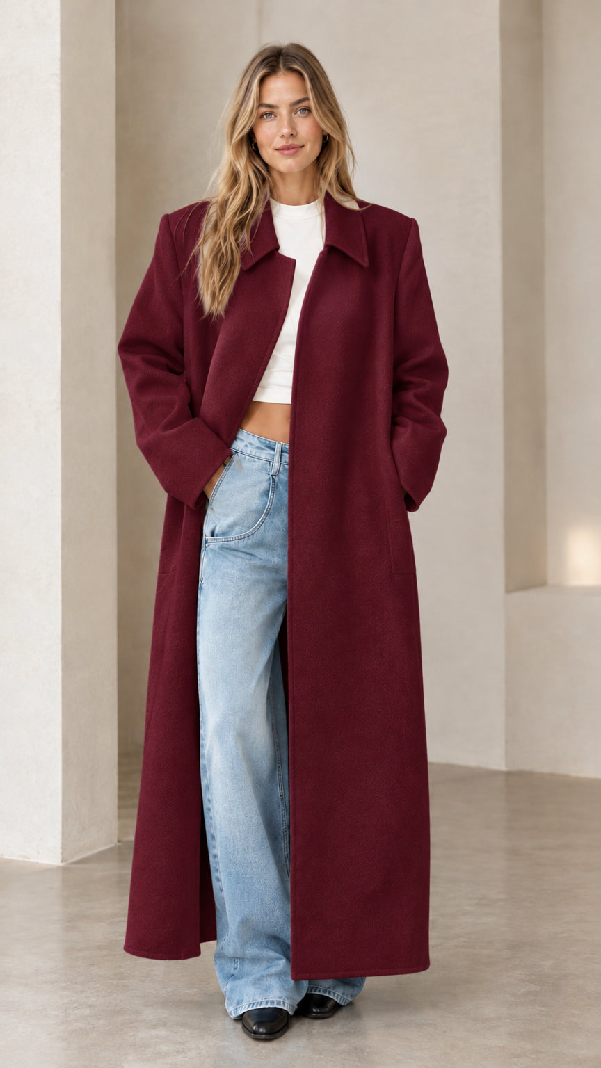 Full-length front view of a model wearing the burgundy wine-red tailored maxi overcoat