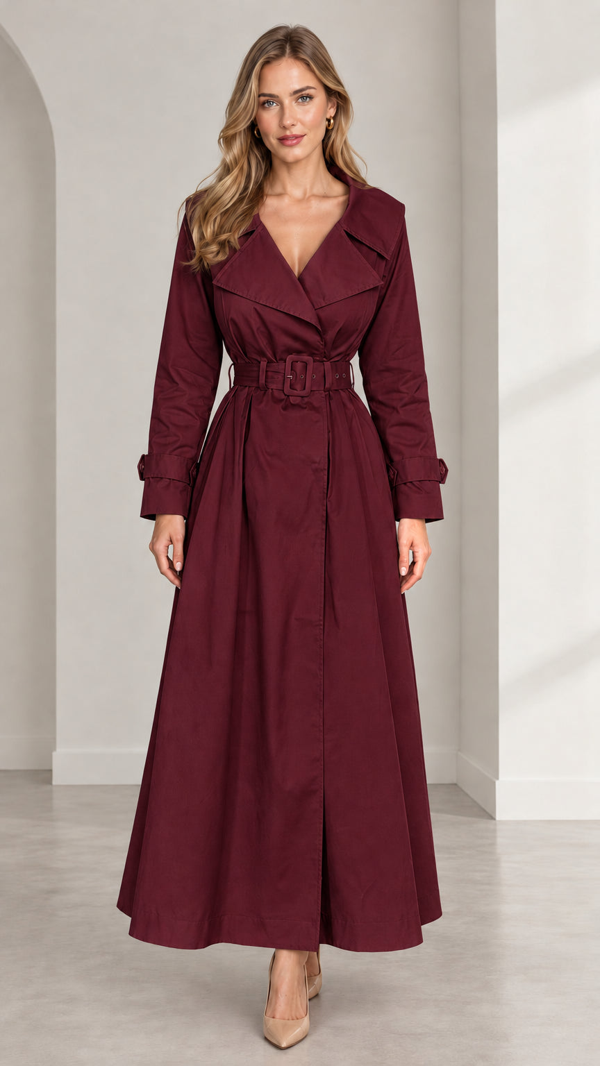 Full front view of women's burgundy wine red maxi belted trench coat