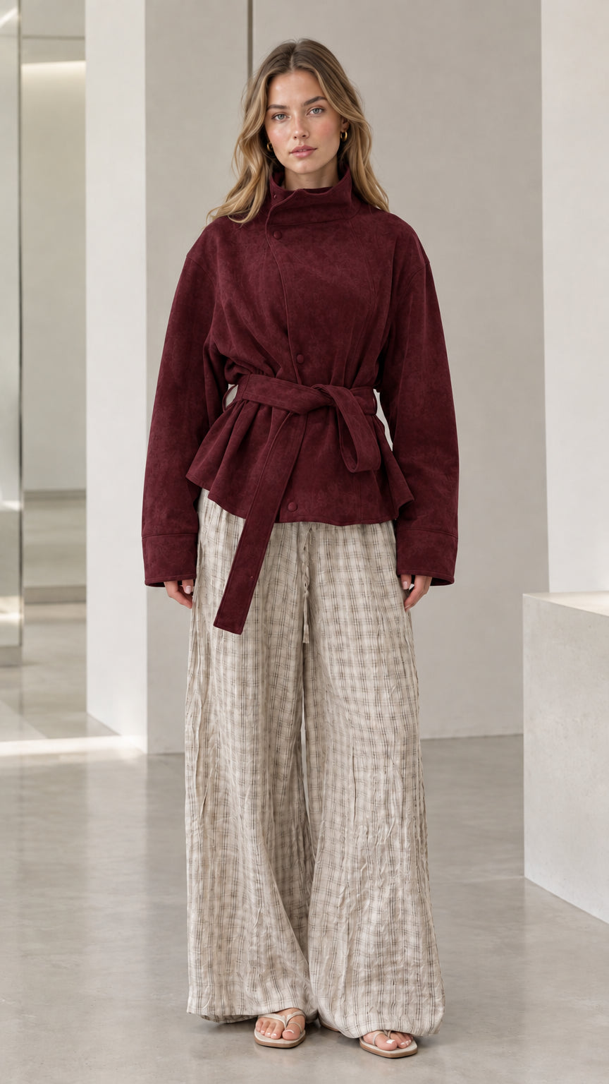 Front view of model wearing burgundy wine belted high-neck suede jacket with neutral pants