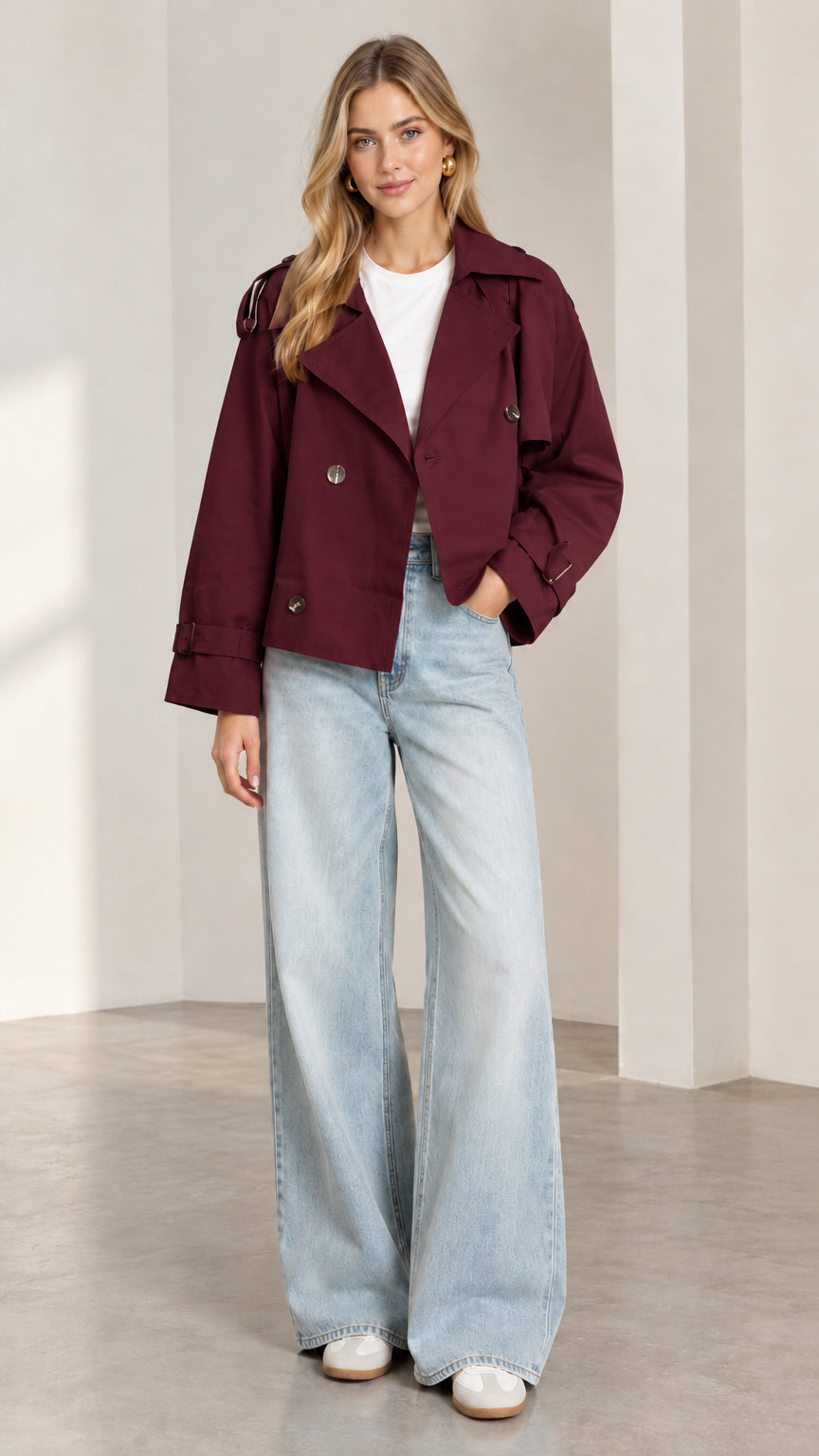 Front full-length view of model wearing burgundy wine red cropped trench jacket with denim trousers