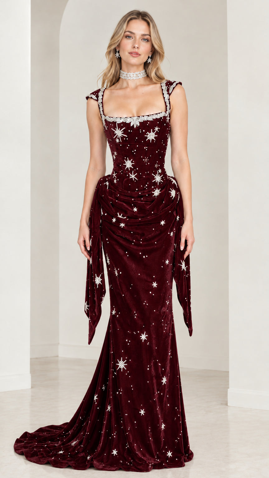 Front view of model wearing Burgundy red celestial beaded velvet evening gown