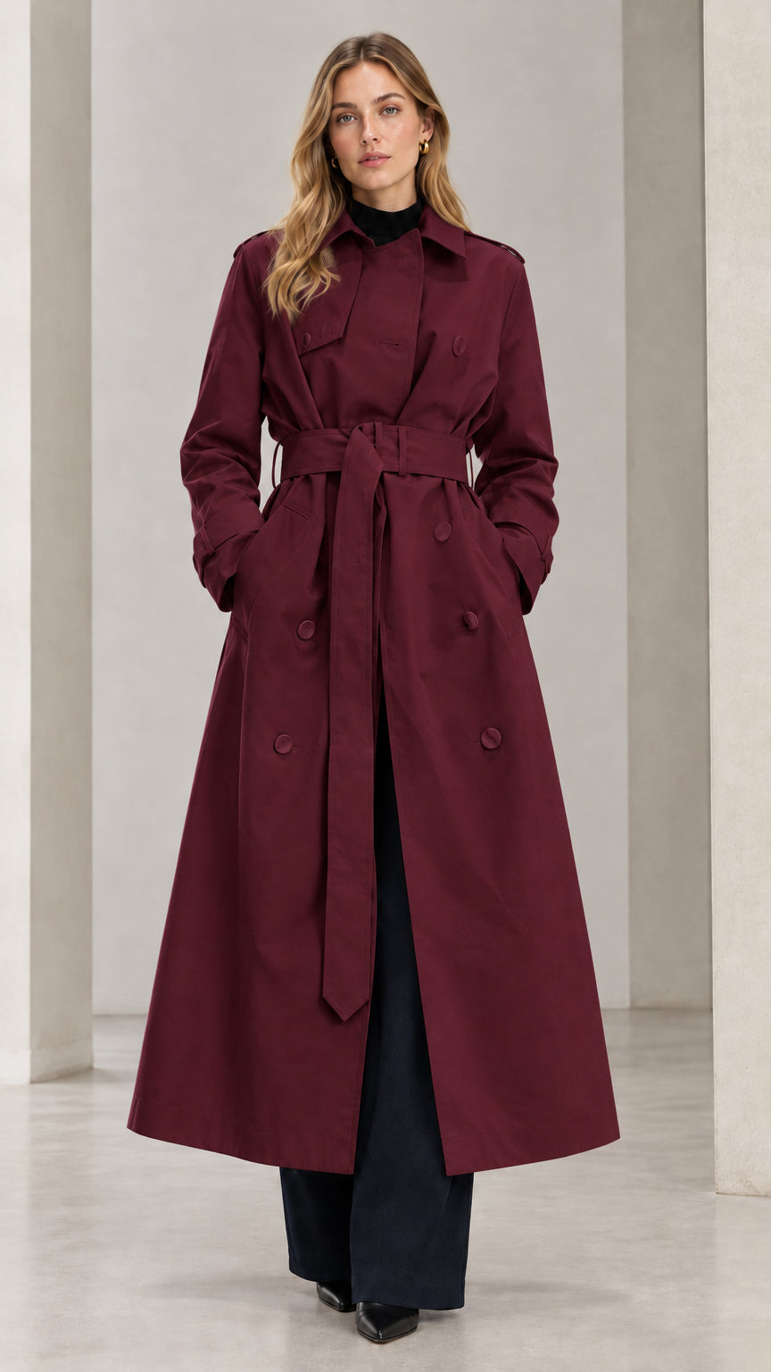 Front view of woman wearing Burgundy double-breasted maxi trench coat