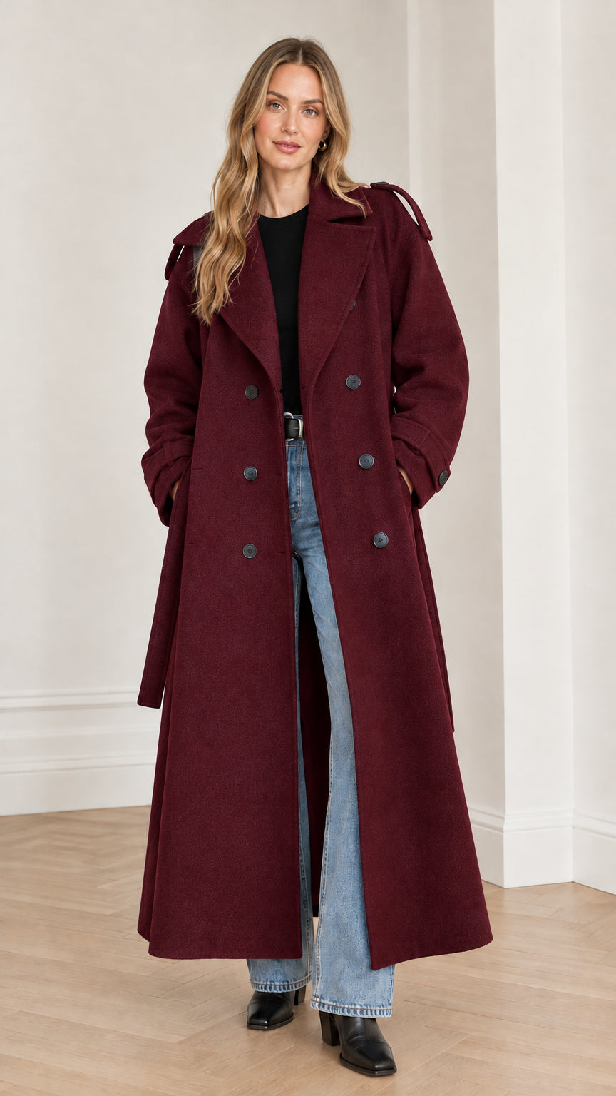 Front view of woman wearing rich burgundy wine double-breasted maxi coat