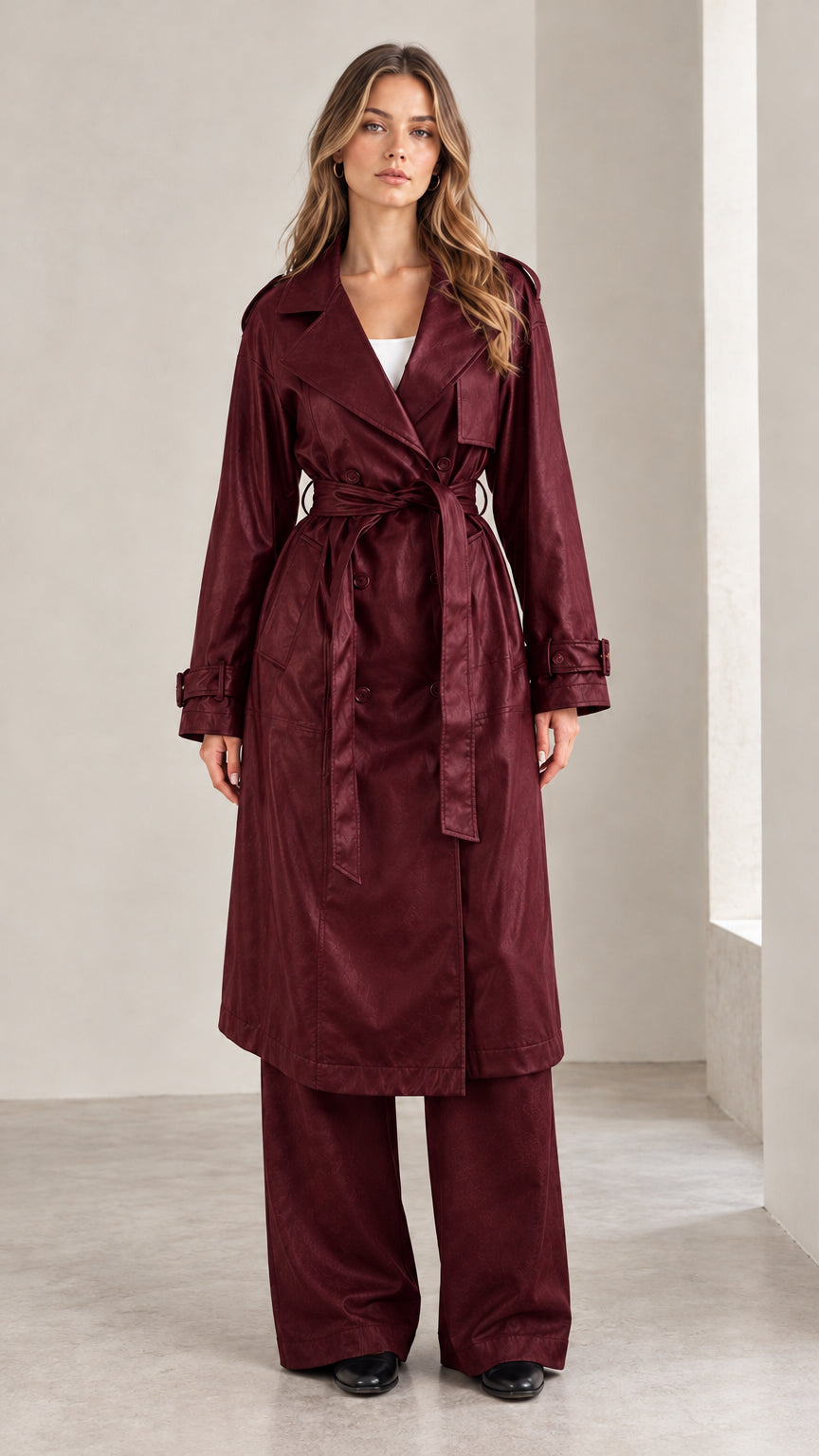 Model wearing the burgundy wine red belted trench coat and matching wide-leg trousers set