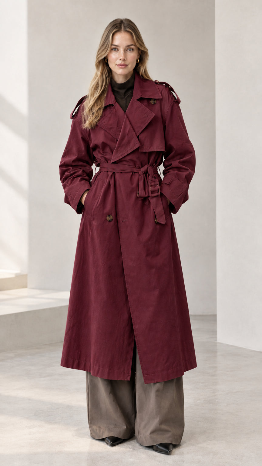 Front view of woman wearing long burgundy wine red double-breasted trench coat with waist belt