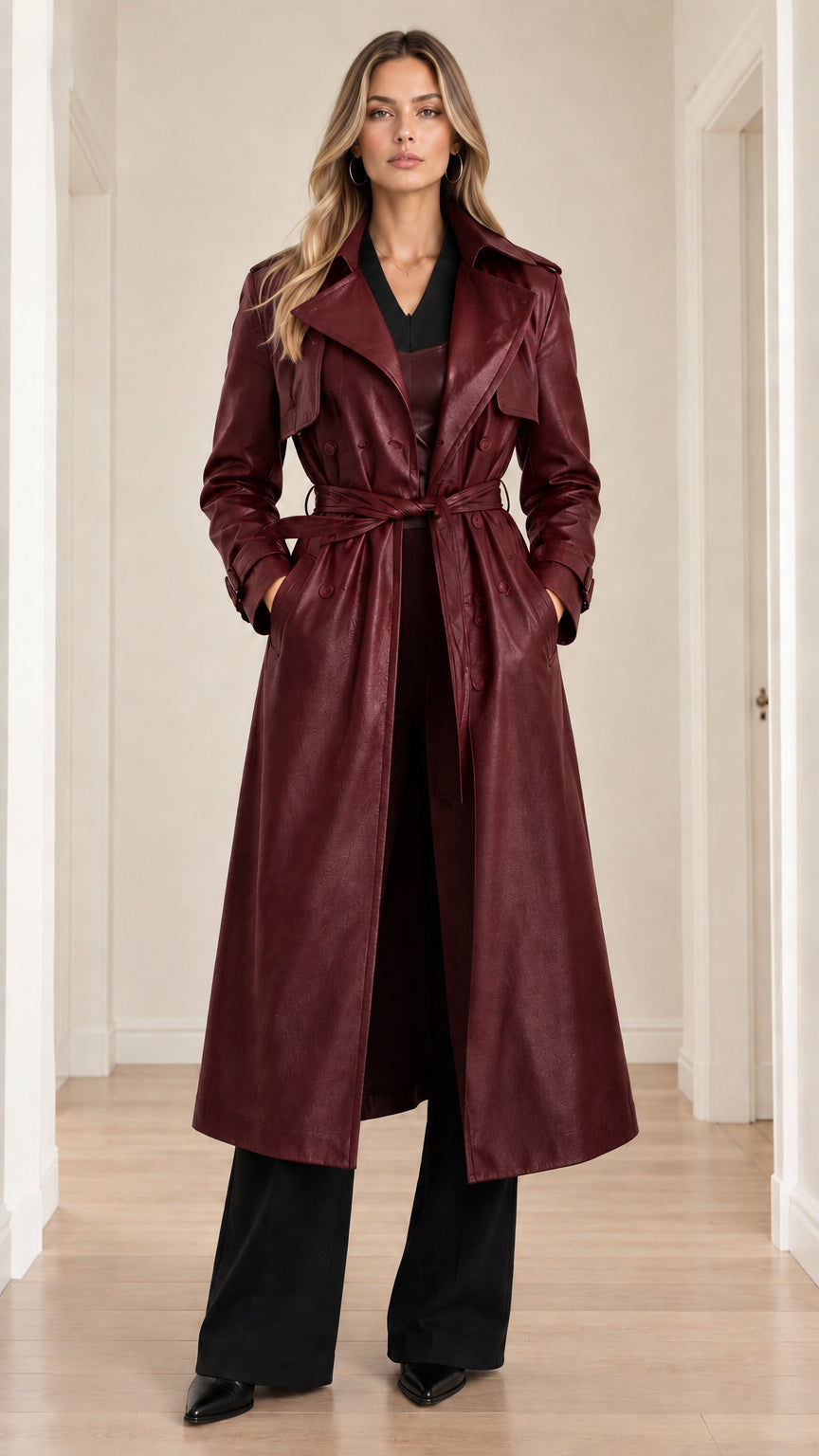 Full-length front view of burgundy wine red faux leather belted trench coat