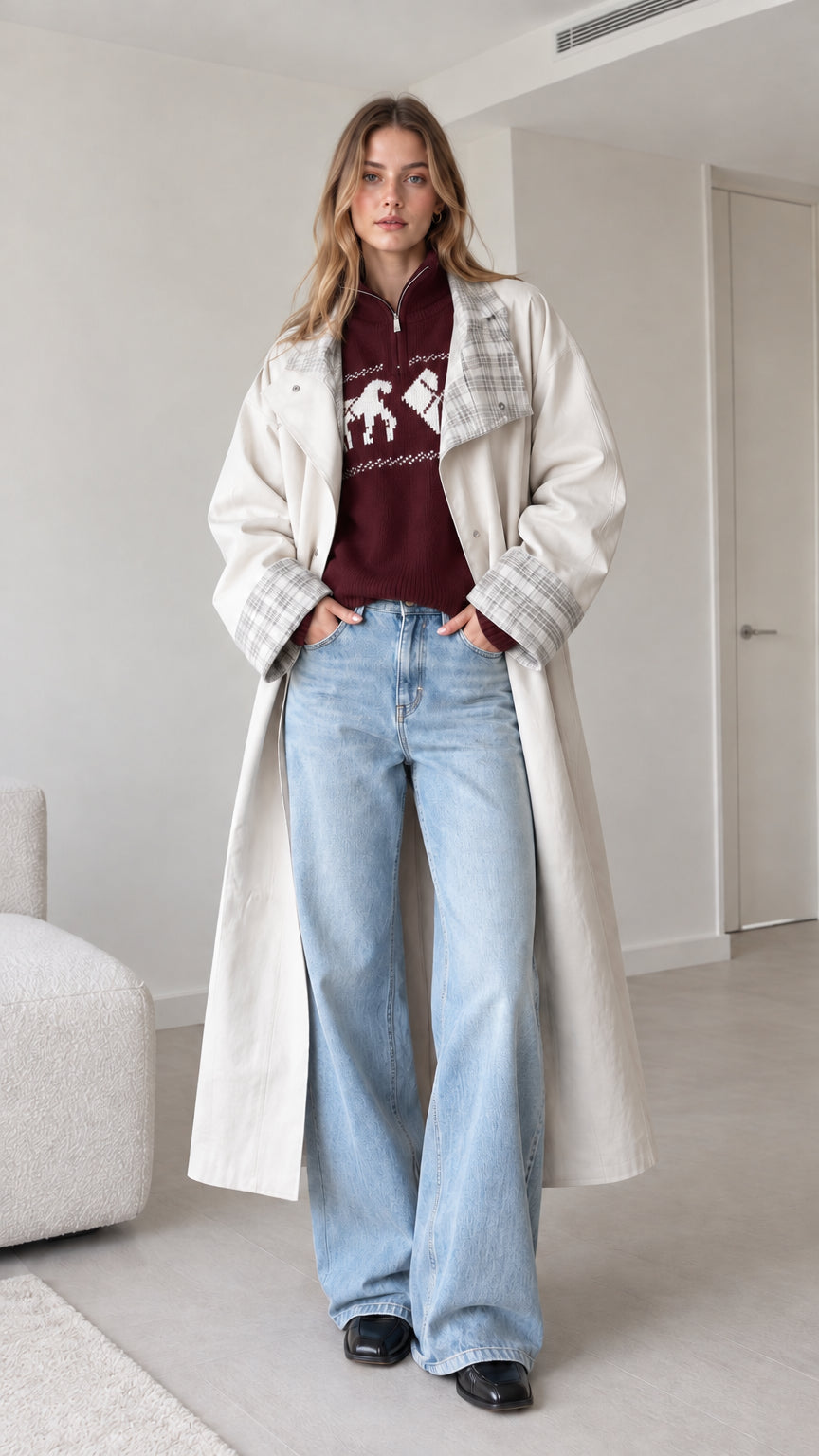 Front view of off-white long duster trench coat styled with a burgundy sweater and jeans