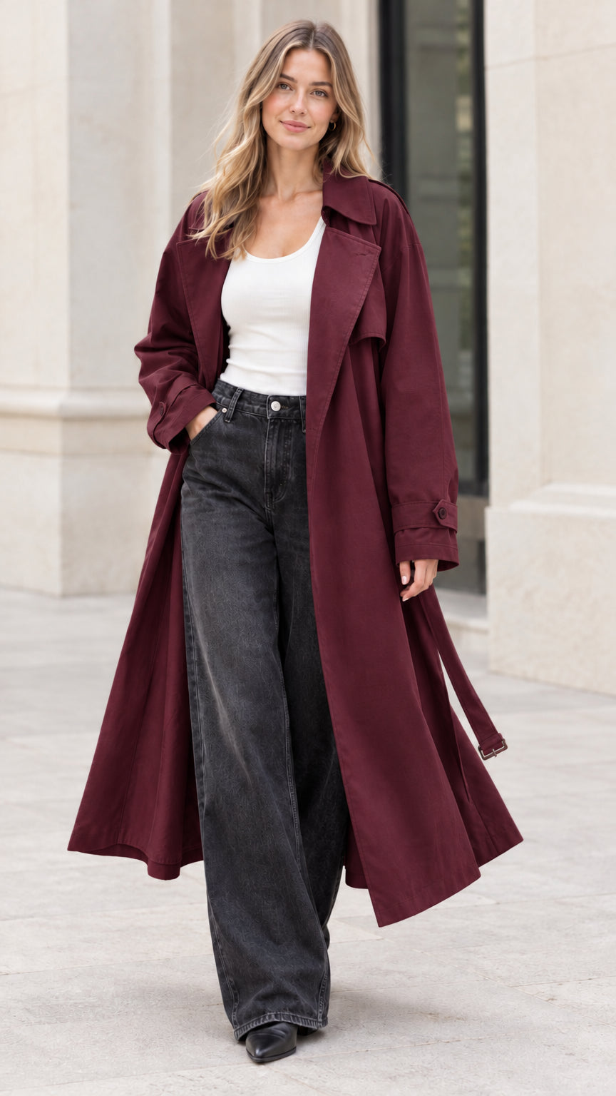 Front full-length view of woman wearing burgundy wine red maxi trench coat