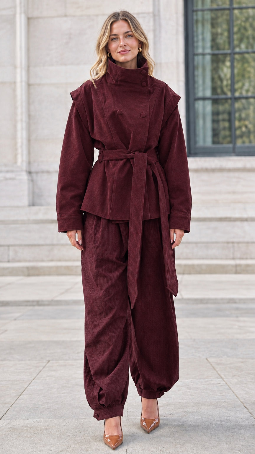 Full-length view of woman wearing deep burgundy stand collar belted jacket outfit