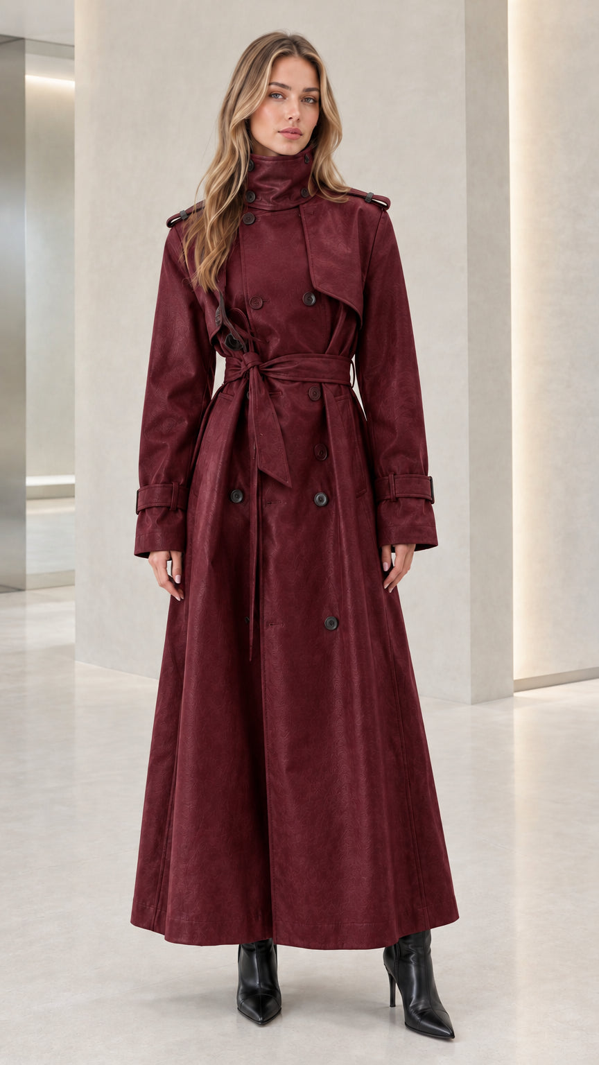 Full-length view of women's burgundy double-breasted maxi trench coat
