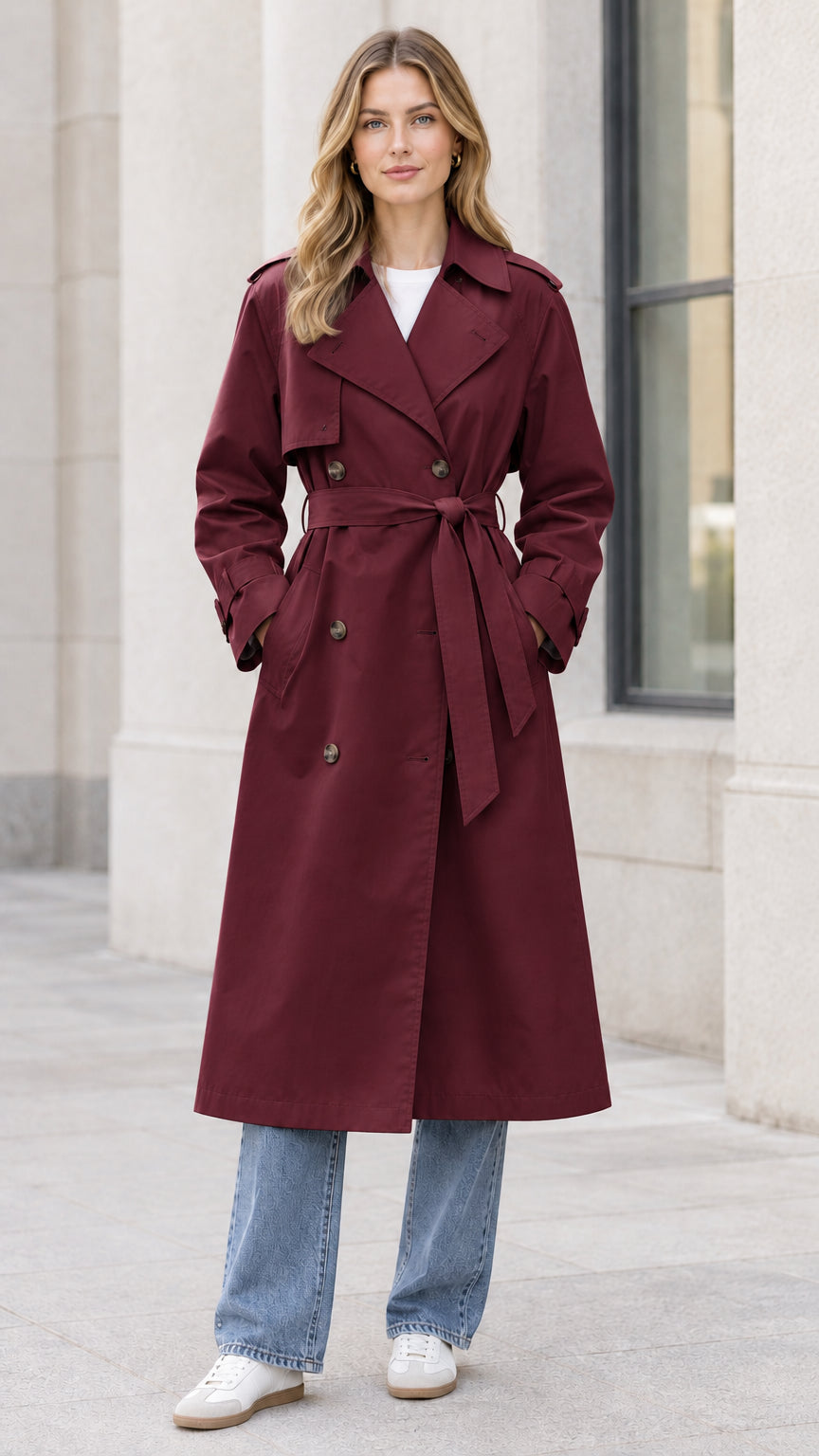 Front full-length view of woman wearing burgundy wine red double-breasted long trench coat