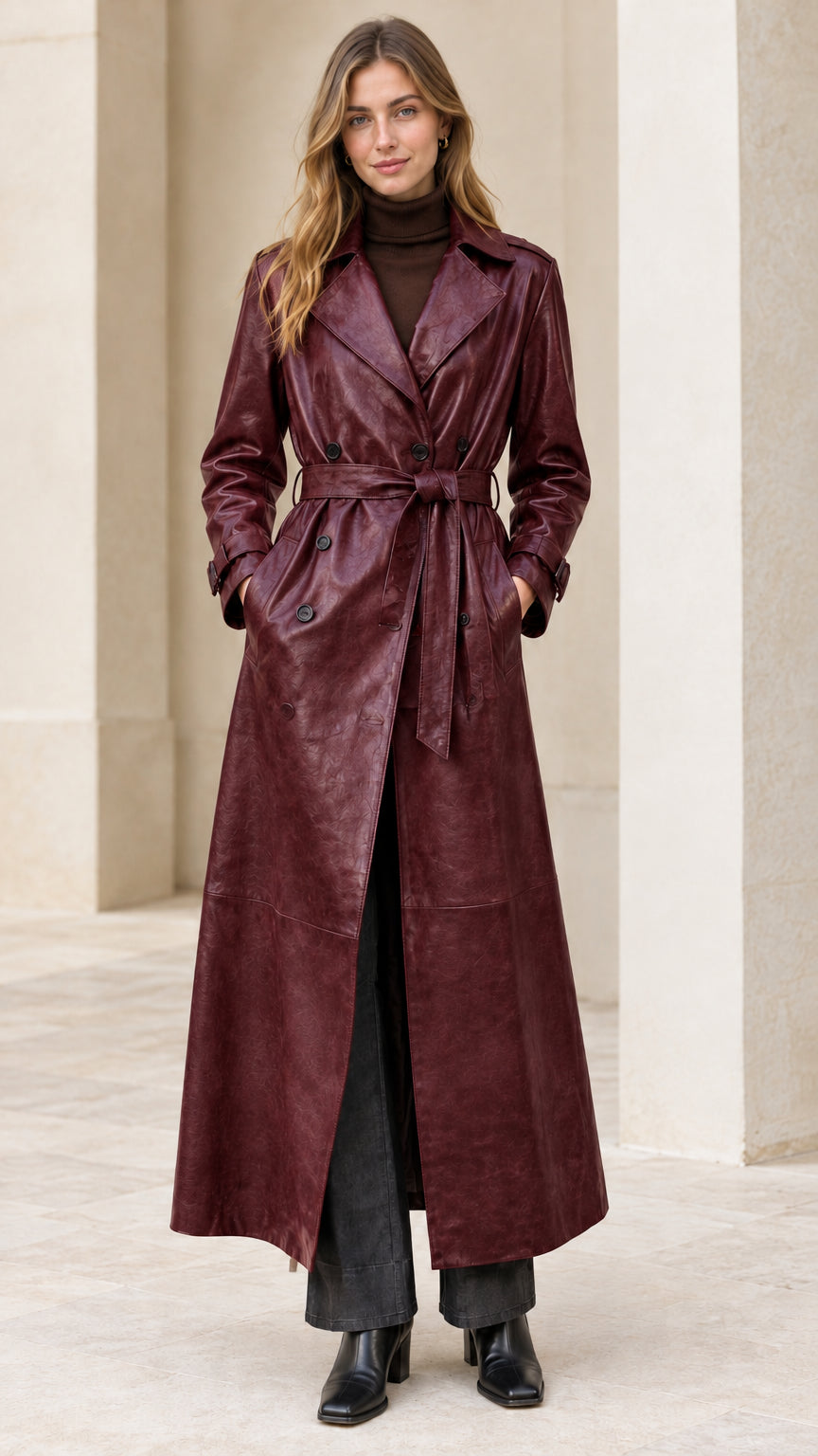 Full-length front view of burgundy wine red faux leather maxi trench coat