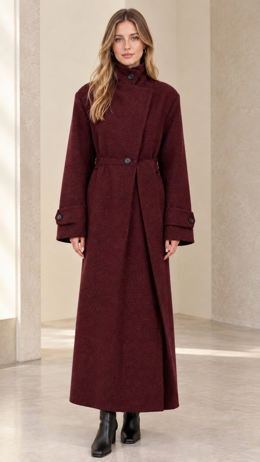 Front full-length view of model wearing burgundy wine asymmetric high-neck belted maxi coat