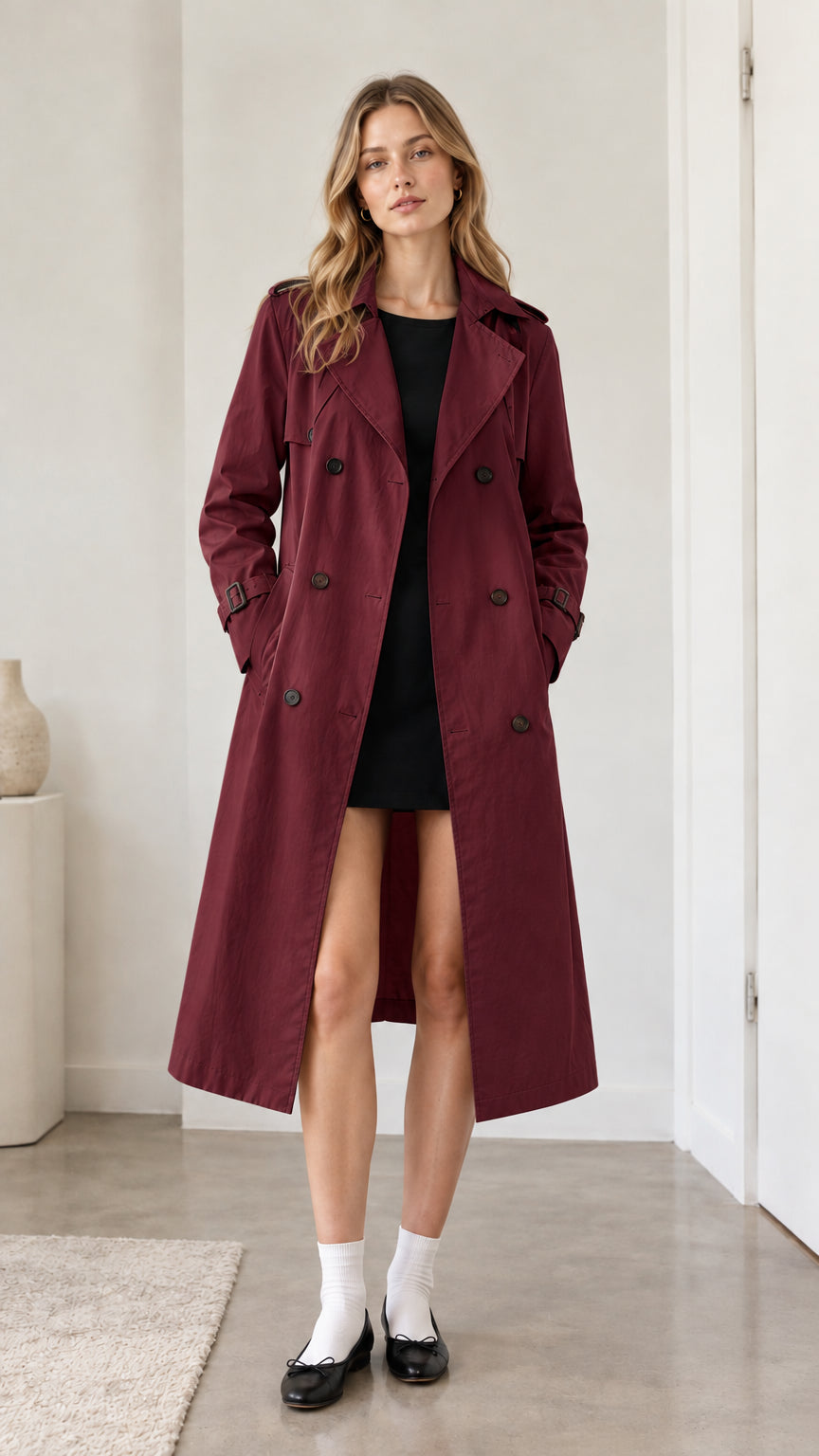 Full front view of model wearing burgundy wine double-breasted trench coat