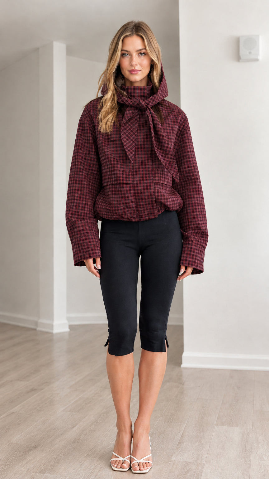 Front view of model wearing burgundy wine plaid hooded tie-neck jacket