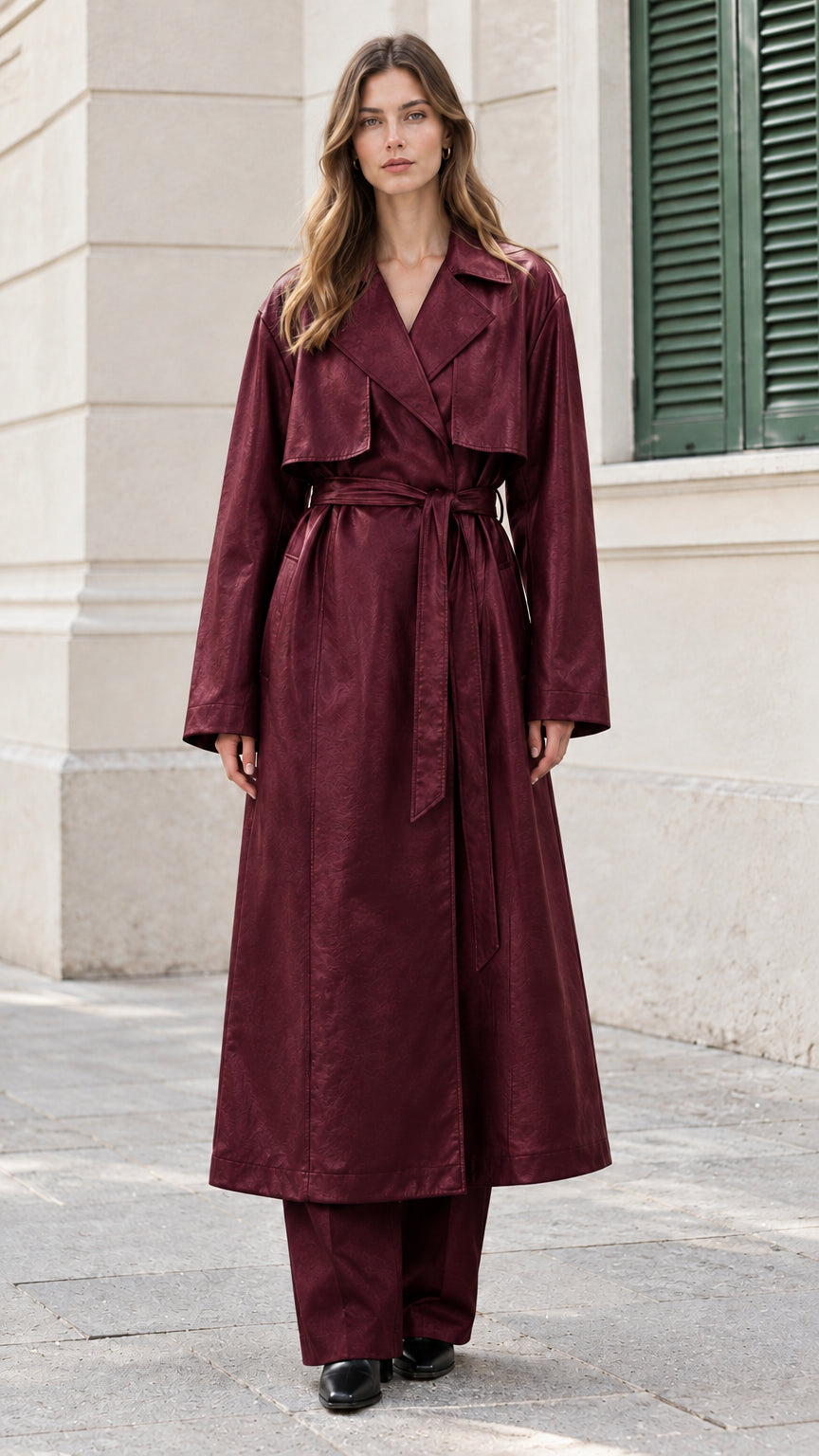 Front view of model wearing burgundy wine red faux leather maxi trench coat