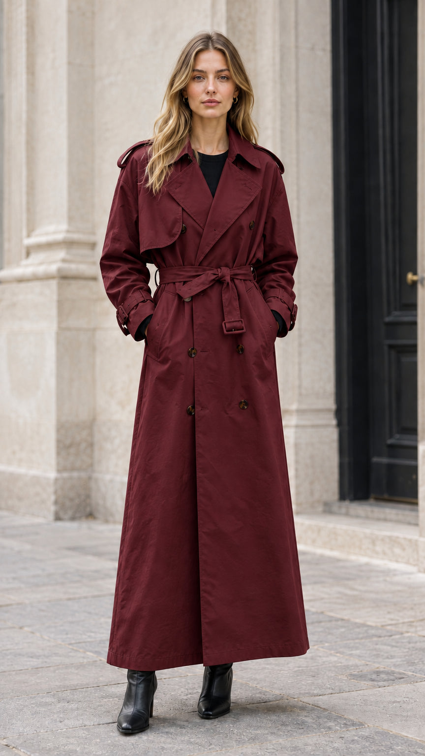 Front view of woman modeling burgundy wine red double-breasted maxi trench coat