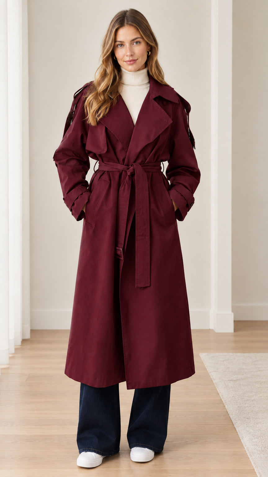 Front view of model wearing burgundy red longline belted trench coat