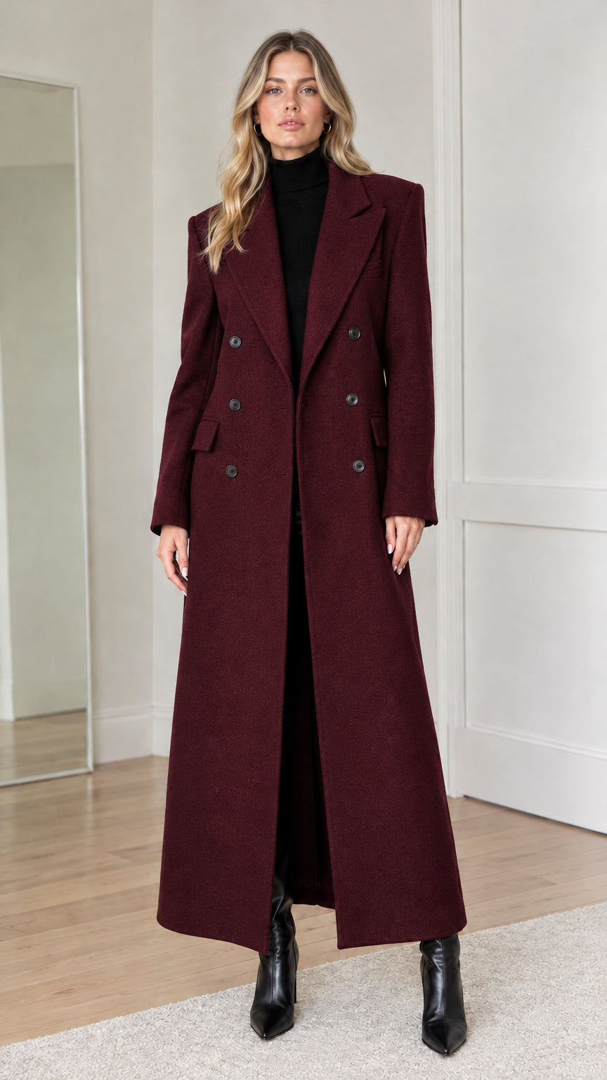 Full-length front view of woman wearing burgundy double-breasted maxi overcoat