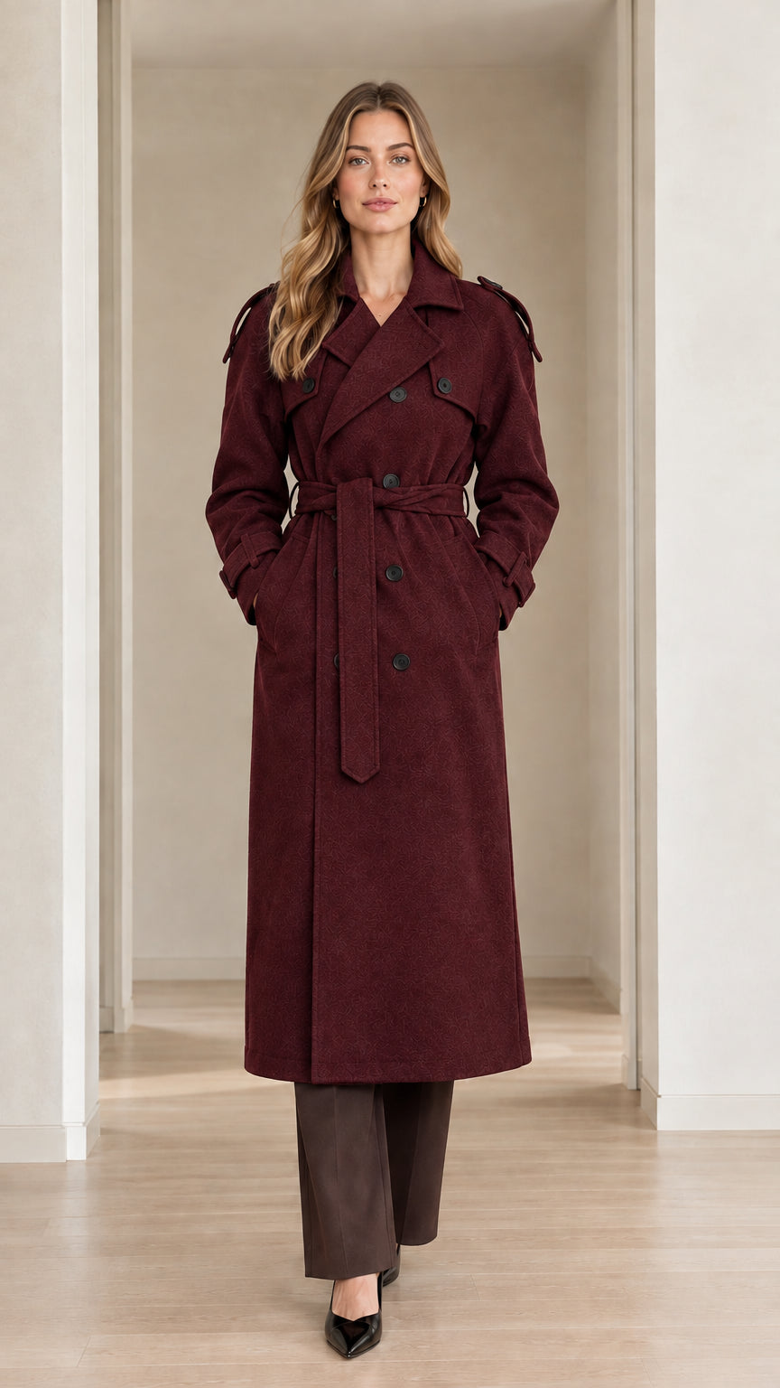 Front view of model wearing burgundy double-breasted long trench coat