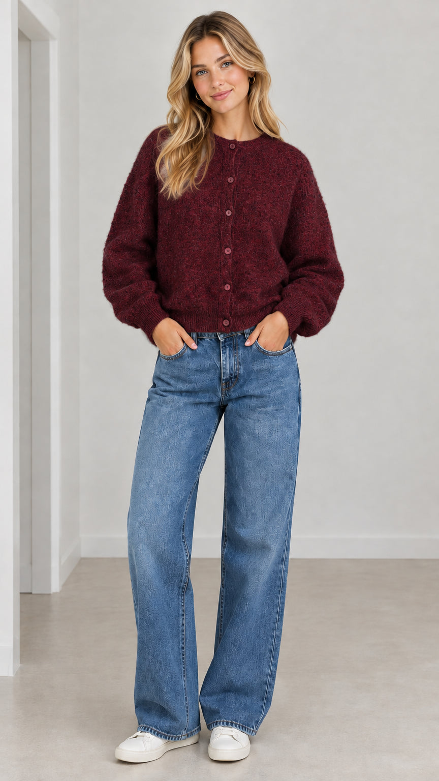 Woman wearing Burgundy fuzzy knit button-front cardigan sweater