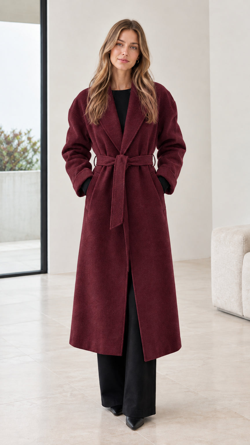 Model wearing the long belted overcoat in burgundy