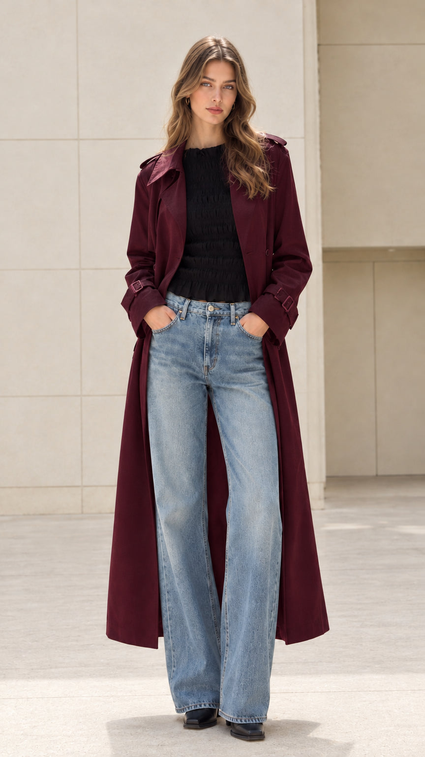 Front open view of woman wearing long burgundy wine red trench coat