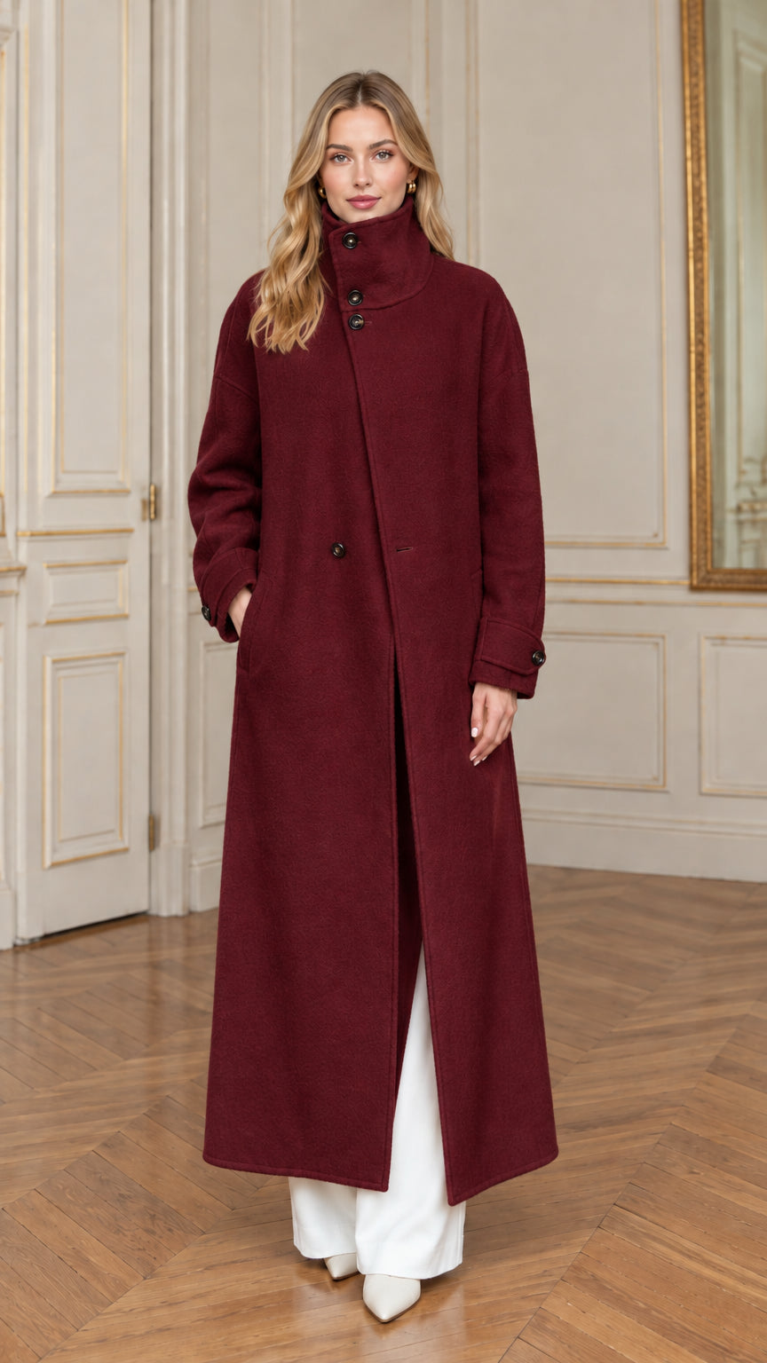Front view of the elegant full-length stand collar maxi overcoat in deep burgundy wine red