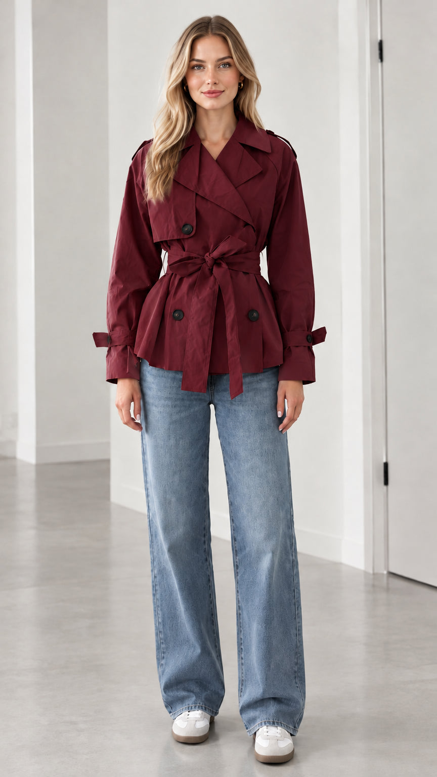 Front view of model wearing burgundy wine red short double-breasted belted trench coat