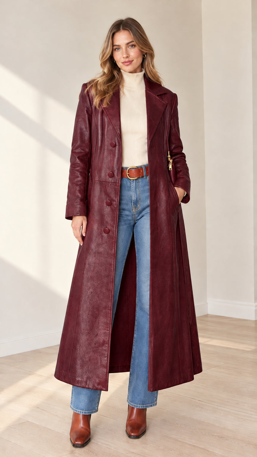 Front view of woman wearing full-length burgundy faux leather trench coat