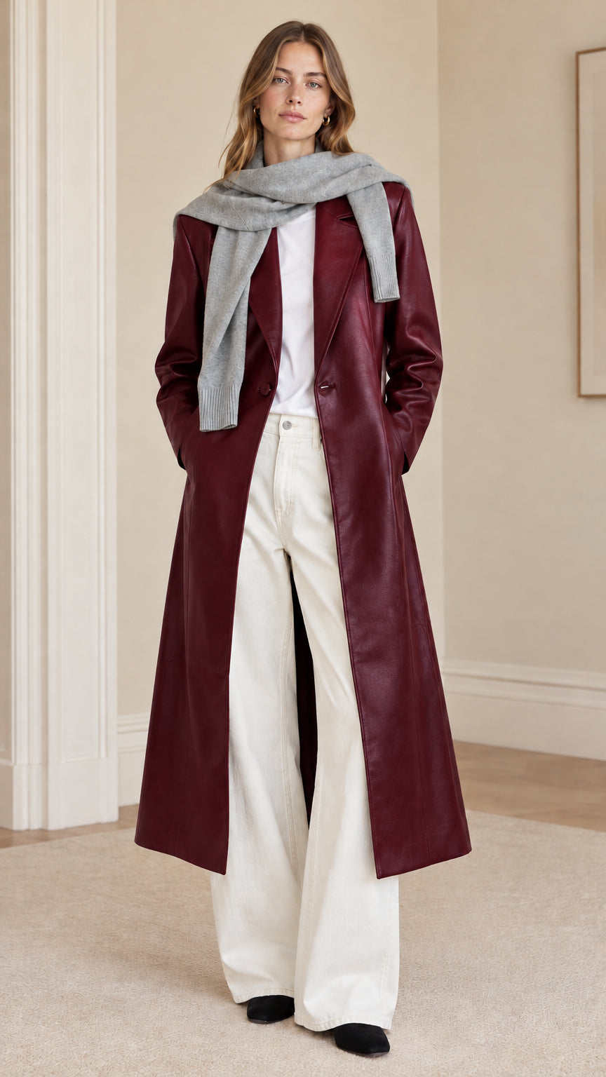 Model wearing burgundy wine red longline faux leather trench coat with button front