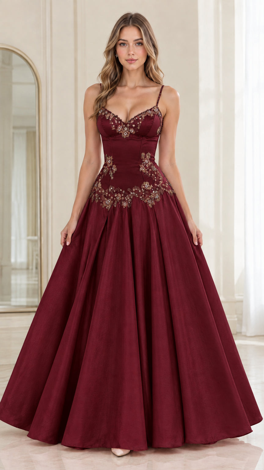 Model wearing Burgundy red sweetheart corset formal gown with ornate embroidery